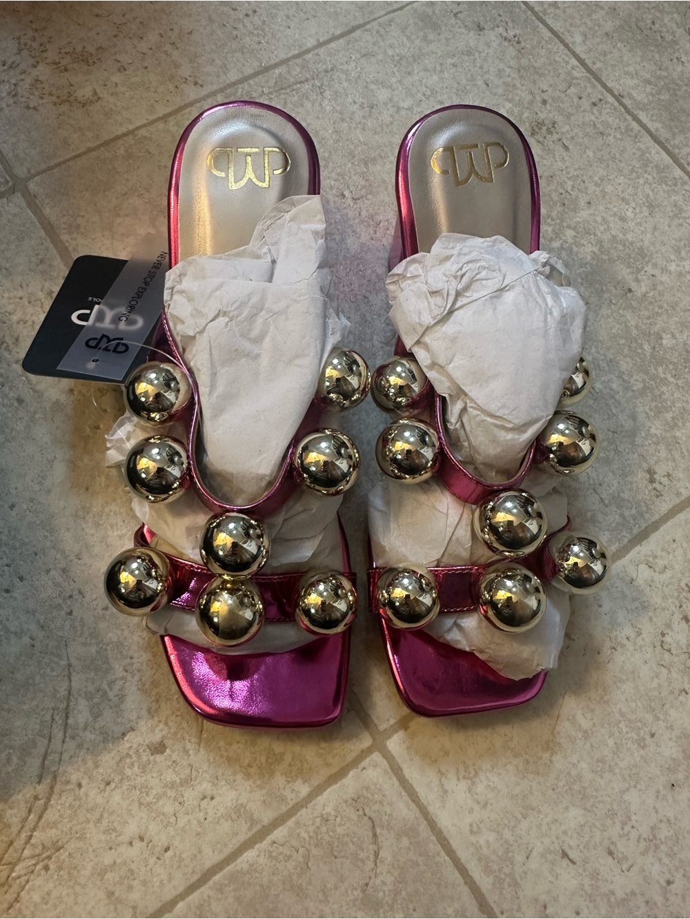 The White Pole Women's Metallic Pink Studded Slide Sandals Slip On EU 37
